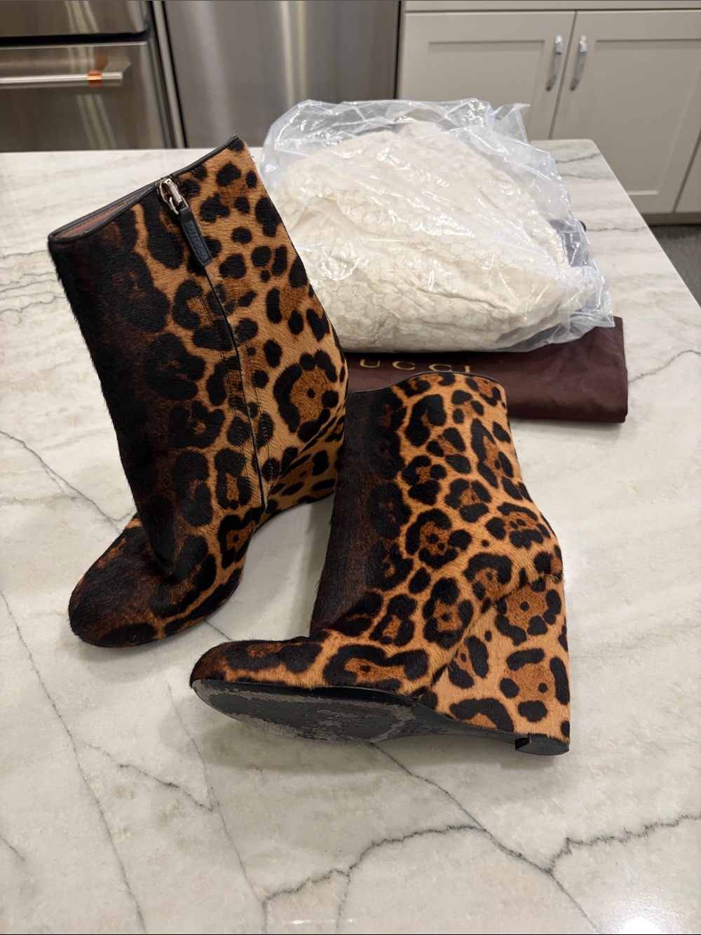 GUCCI Leopard Print Wedge Booties - Women SZ 36.5